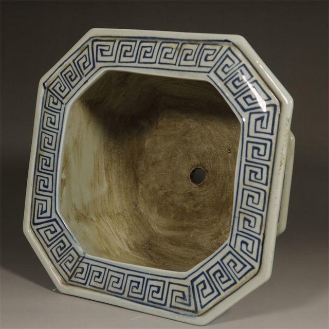 Antique Blue & White Porcelain Planter – 9.8" Hexagonal Jardiniere With Floral Motif For Sale - Image 4 of 6