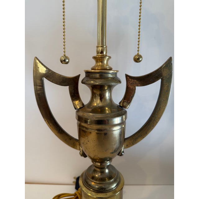 Brass Pair of Vintage English Brass Trophy Form Winged Urn Lamps For Sale - Image 8 of 16