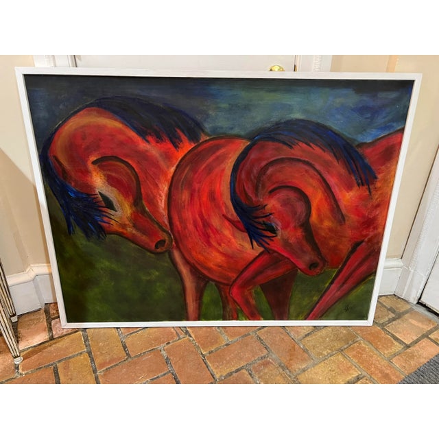 Enormous contemporary oil on canvas of horses. This item has recently been reframed ,see all photos. Can be hung...