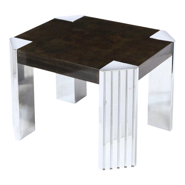 Mid-Century Modern Ebonized Burled Walnut & Channeled Chrome Occasional Table For Sale