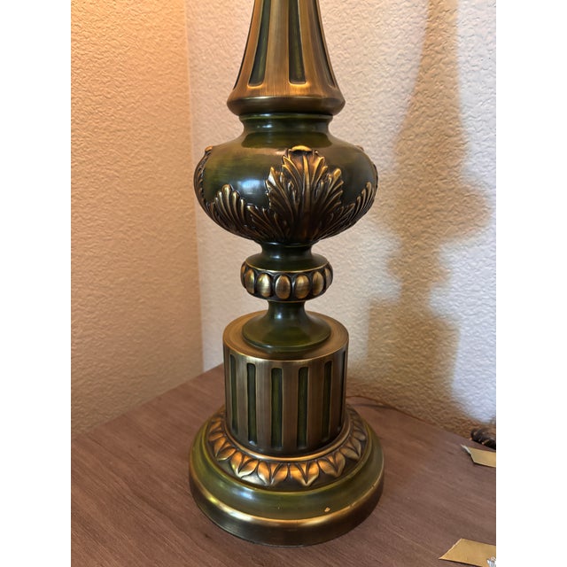 1960s Vintage Rembrandt Hollywood Regency Torchiere Lamp in Olive Green & Antiqued Brass For Sale - Image 5 of 5