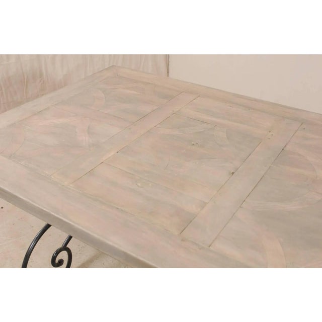 French Vintage Table With Inlay Wood Top and Large Scrolling Iron Base For Sale - Image 10 of 12