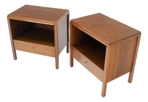 Pair Finished Back Danish Mid Century Modern One Drawer Walnut Night Stands MINT