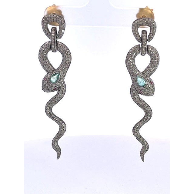 Silver Snake Long Earrings Green Stone Eyes, A Pair For Sale In Los Angeles - Image 6 of 9
