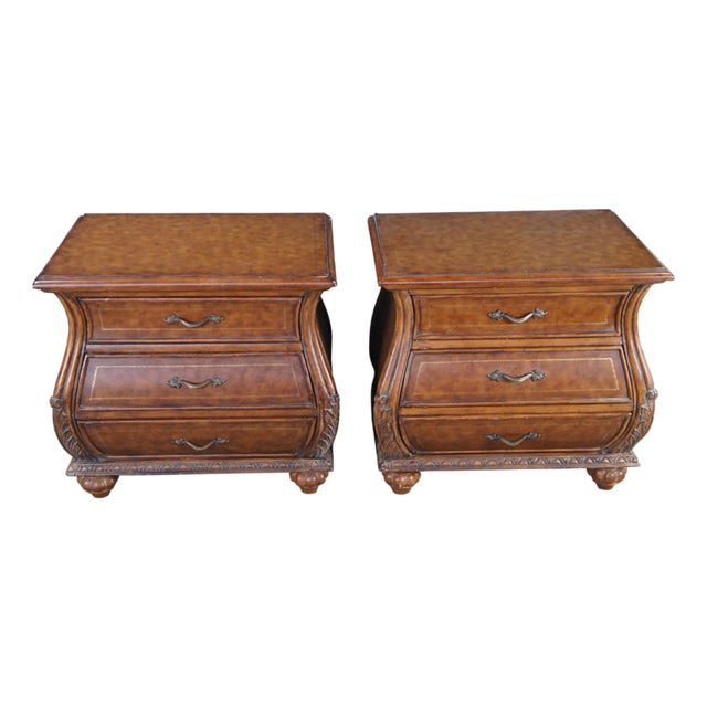 Late 20th Century French Louis XVI Tooled Leather Bombe Chests Dressers Side Table Nightstands For Sale