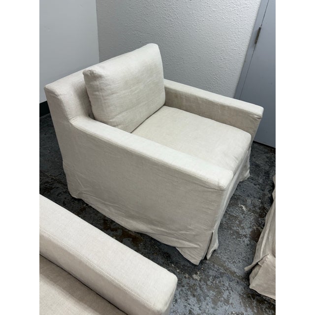 2010s Restoration Hardware Slipcover Belgian Linen Shelter Armchairs + Ottomans, Set For Sale - Image 5 of 12