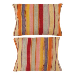 16"x24" SET OF 2 - Handmade Kilim Cushion Covers. Vintage Turkish Lumbar Pillows For Sale