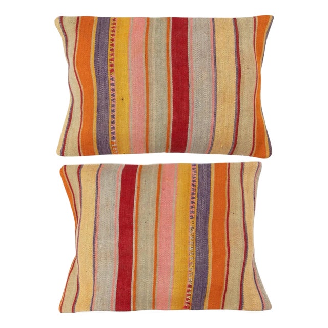 16"x24" SET OF 2 - Handmade Kilim Cushion Covers. Vintage Turkish Lumbar Pillows For Sale