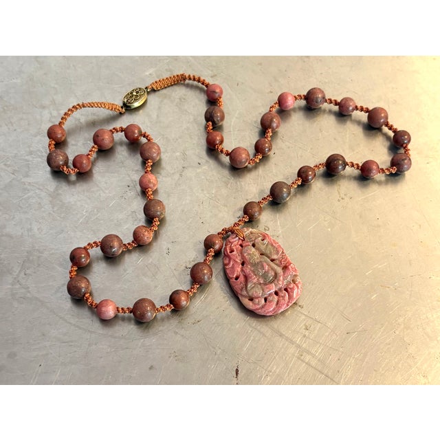 Pink Carved Pink Rhodonite Beaded Pendant Necklace For Sale - Image 8 of 8