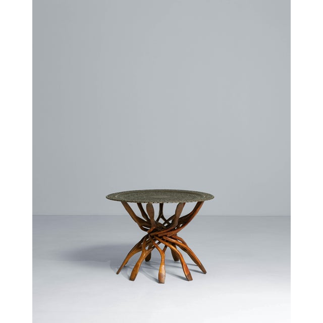 1960s African Hand-Carved Interlocking Wooden Table With Brass Top For Sale - Image 16 of 18