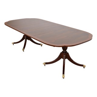 Baker Furniture Historic Charleston Georgian Banded Flame Mahogany Double Pedestal Extension Dining Table, Newly Refinished For Sale