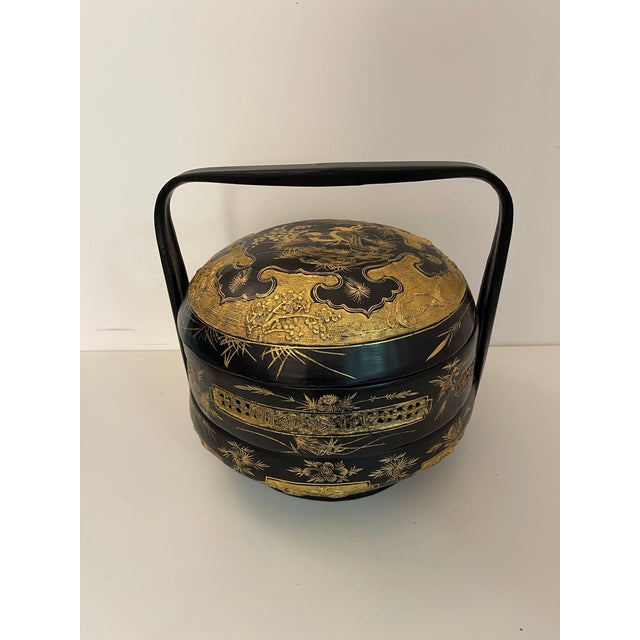 Mid 20th Century Vintage Chinoiserie Black Lacquer & Raised Gold Gilt Tiered Chinese Wedding Basket For Sale - Image 5 of 9