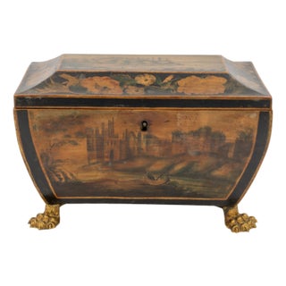 Regency Painted and Penwork Bombe Box on Gilt Lion Paw Feet, English, Circa 1820 For Sale