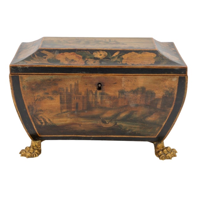 Regency Painted and Penwork Bombe Box on Gilt Lion Paw Feet, English, Circa 1820 For Sale
