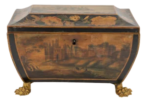 Regency Painted and Penwork Bombe Box on Gilt Lion Paw Feet, English, Circa 1820