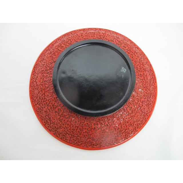Chinese Carved Cinnabar Red Lacquer Lotus Bat Fish Design 11 1/4" Charger Plate For Sale - Image 14 of 14