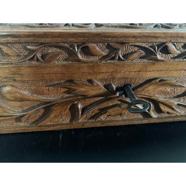 English 19th Century Antique Kashmiri Hand-Carved Monogrammed Walnut Box With Original Key For Sale - Image 3 of 18