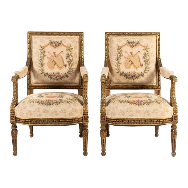 Pair of 19th Century Louis XVI Style Tapestry-Upholstered Giltwood Bergères For Sale