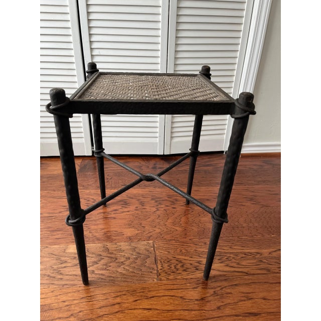 1990s Hammered Cast Iron and Rattan Side Table For Sale - Image 5 of 12