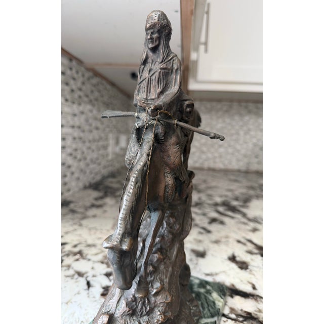 Native American Frederic Remington Style Native American Horseback Sculpture on Green Marble Base For Sale - Image 3 of 10