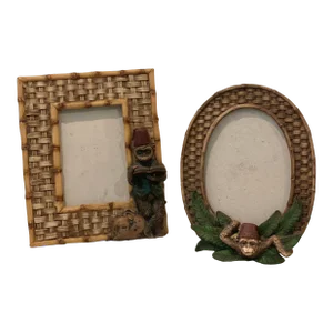 Set of 2 Late 20th Century Monkey Picture Frames With Woven Rattan and Bamboo Frames Palm Beach Regency Style