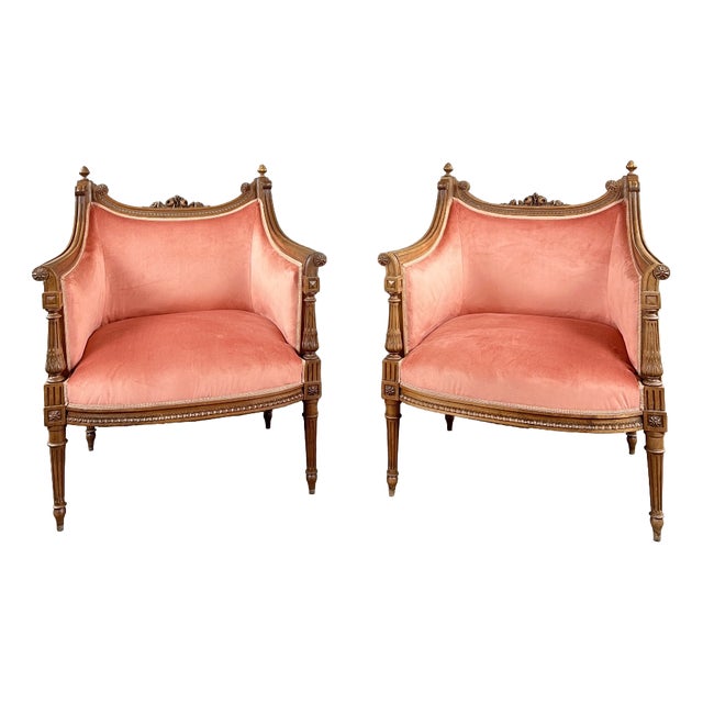 20th Century Louis XVI Bergère Armchairs in Carved Wood and Velvet, Set of 2 For Sale