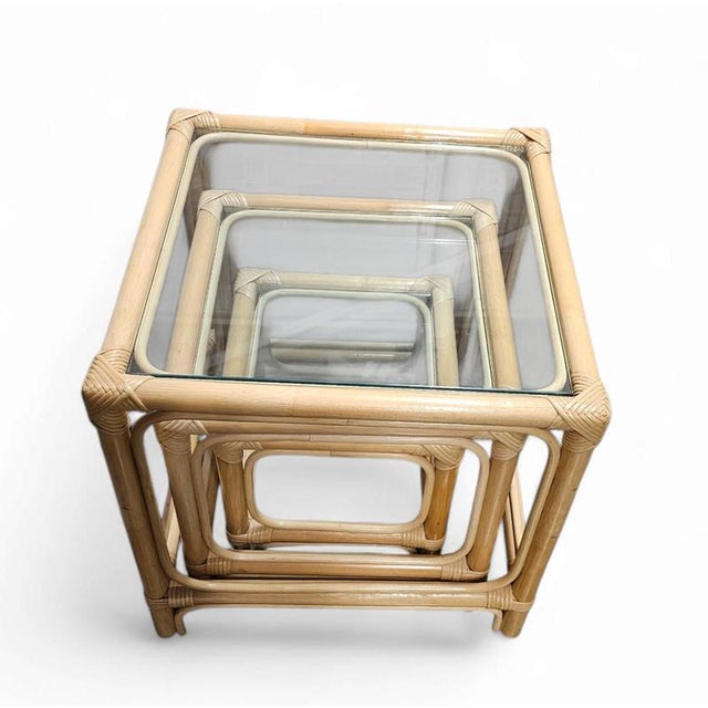 Bamboo Nesting Side Tables with Clear Glass Tops, 1970s, Set of 3 For Sale - Image 6 of 12