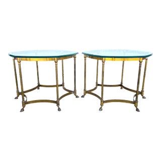 Vintage Labarge Side Tables Brass Glass Hoof Footed Octagonal Pair For Sale