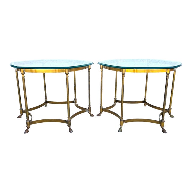 Vintage Labarge Side Tables Brass Glass Hoof Footed Octagonal Pair For Sale