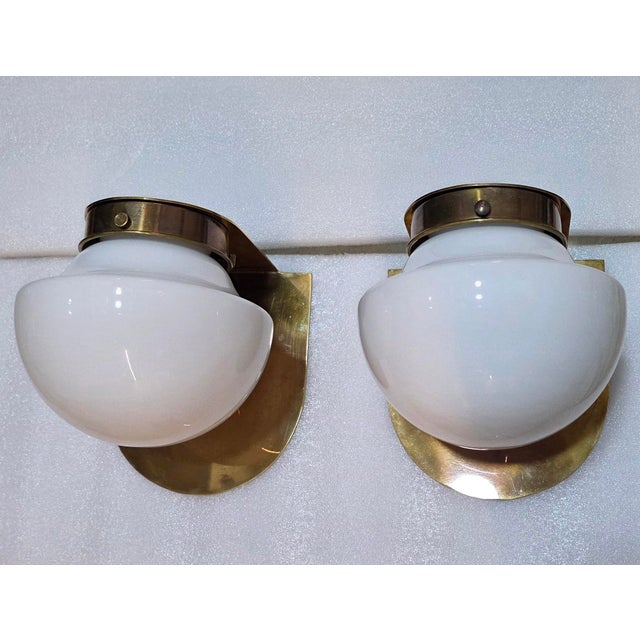 Brass Pair Vintage Art Deco Light Old Lamp Wall Sconces Fixture Brass & Milk Glass Shade Lamp Ship Light For Sale - Image 8 of 8