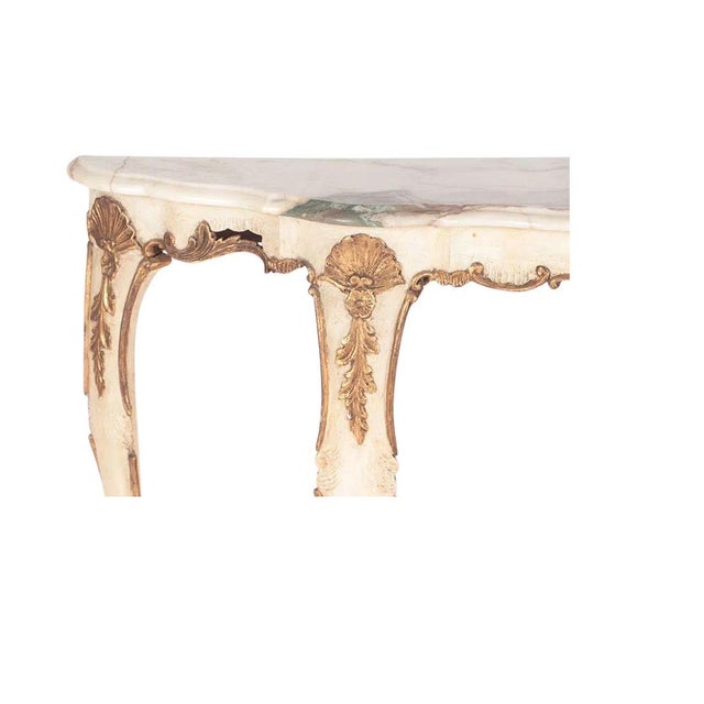 Regency Style Parcel Gilt & Painted Marble Top Demi Lune Console For Sale - Image 4 of 5