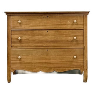 Primitive Scrubbed Pine Three Drawer Dresser Dovetail Porcelain Knobs Vintage For Sale