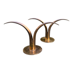 Pair of Ystad Metall Ivar Ålenius Björk Swedish Lily Brass Mid-Century Candlesticks