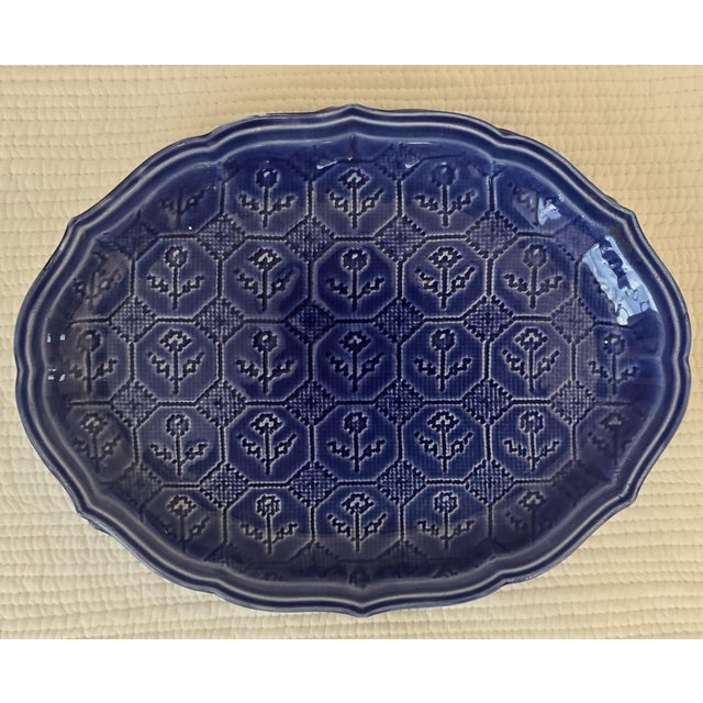 Blue Mid 20th Century Set of Six Blue Glazed Stoneware Plates and Platters With Relief Floral Pattern - Set of 6 For Sale - Image 8 of 10