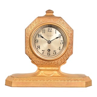 Tiffany Studios New York Arts & Crafts Bronze Doré Desk Clock or Mantel Clock, Circa 1910 For Sale