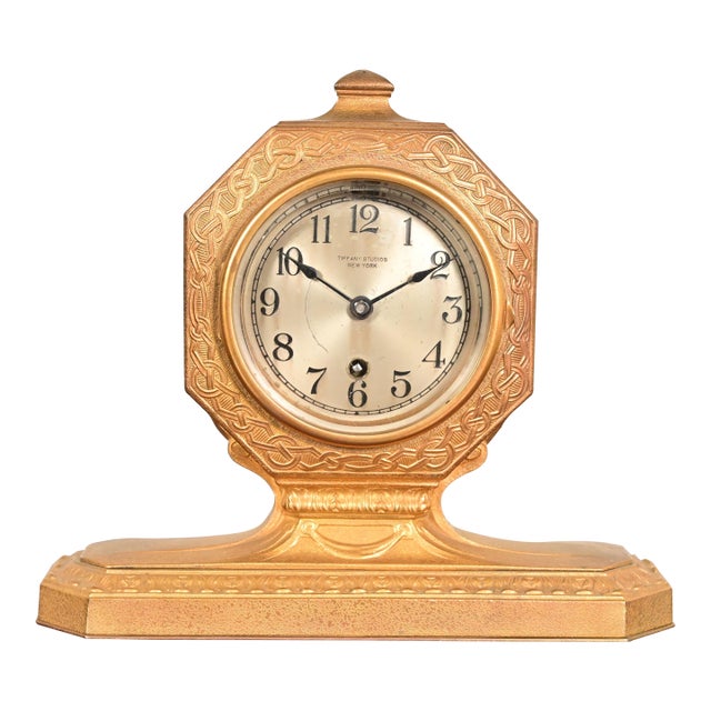 Tiffany Studios New York Arts & Crafts Bronze Doré Desk Clock or Mantel Clock, Circa 1910 For Sale
