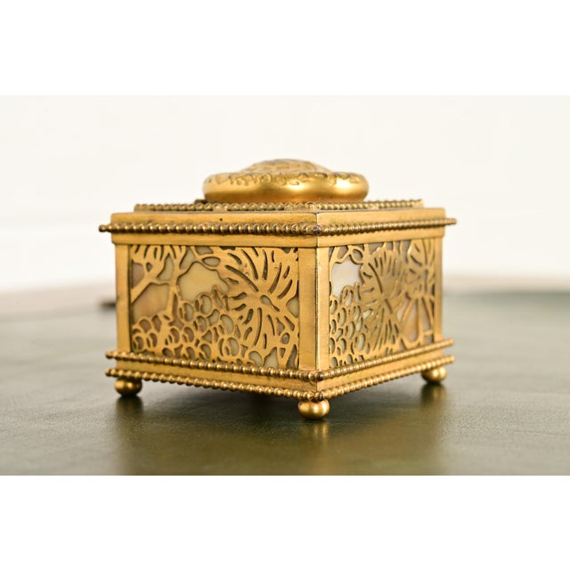 Tiffany Studios Tiffany Studios New York Grapevine Bronze Doré and Favrile Slag Glass Inkwell For Sale - Image 4 of 14