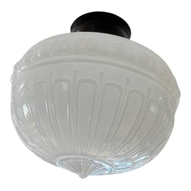 American Embossed Cased Glass Egg and Dart Pattern Flushmount on Old Bronzing Patina Brass Holder, Circa 1920 For Sale - Image 3 of 5