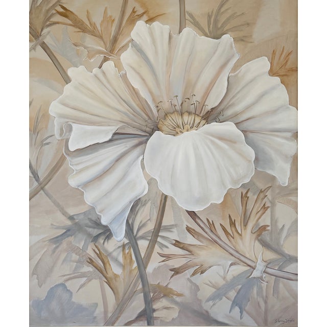 A large acrylic on canvas of a flower. The white Peony rendered in close up is reminiscent of Georgia O’Keeffe. Signed...