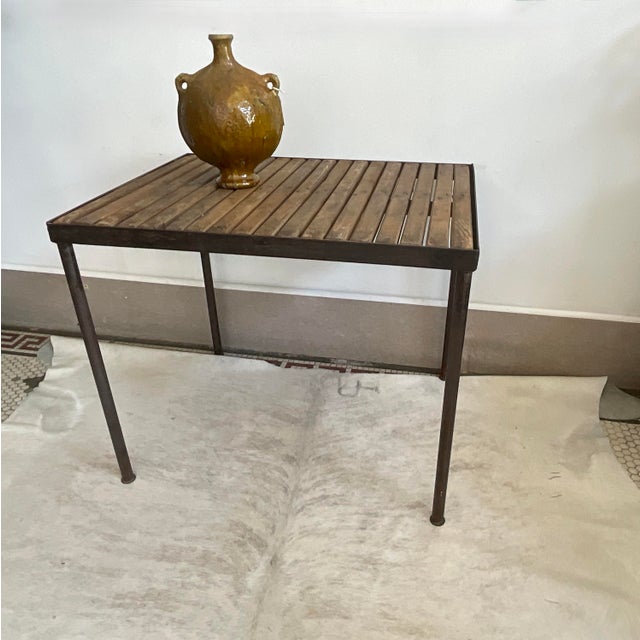 Vintage Industrial Metal Accent Table With Slatted Wooden Top For Sale - Image 12 of 14