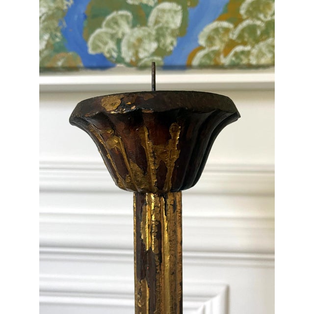 Gold Pair of Large Japanese Carved Wood Temple Candleholders Edo Period For Sale - Image 8 of 18
