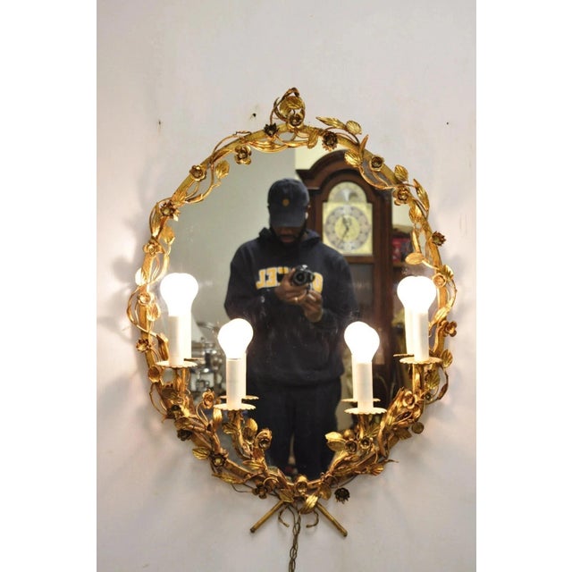 Vintage Italian Hollywood Regency Gold Gilt Iron Floral Wall Sconce Oval Mirror For Sale - Image 9 of 11