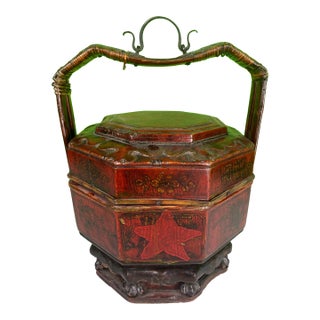 Antique Chinese Wedding Basket Octagonal Red Lacquer Wood Hand Painted Food Carrier For Sale
