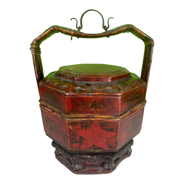 Antique Chinese Wedding Basket Octagonal Red Lacquer Wood Hand Painted Food Carrier For Sale