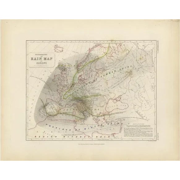 Antique Rain Map of Europe by Johnston, 1850 For Sale - Image 6 of 6
