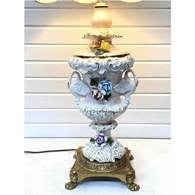 Vintage Italian Capodimonte Lamp Base - Rococo Porcelain With Swans & Roses For Sale - Image 12 of 12
