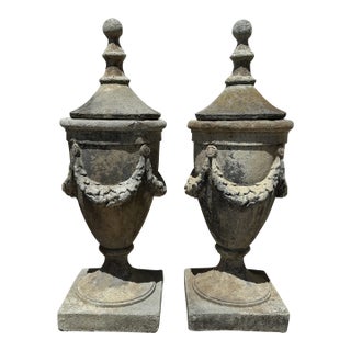 Late 20th Century Pair of Heavy Cast Stone Garden Urns With Lids - French Neoclassical Style, Aged Patina. For Sale