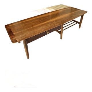 Stanley Mid-Century Modern Style Wood Coffee Table With Drawer and Magazine Shelf For Sale