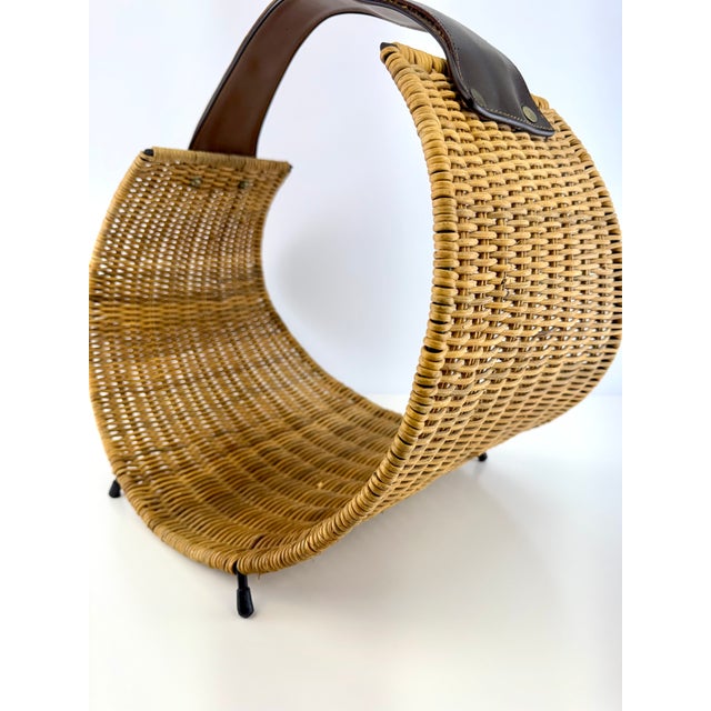 1960s Mid-Century Rattan Firewood Log Basket With Leather Handle For Sale - Image 9 of 14