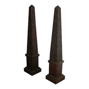 Antique Early 19th Century French Empire Tole Obelisks in Paint Decorated Faux Marble Porphyry - a Pair